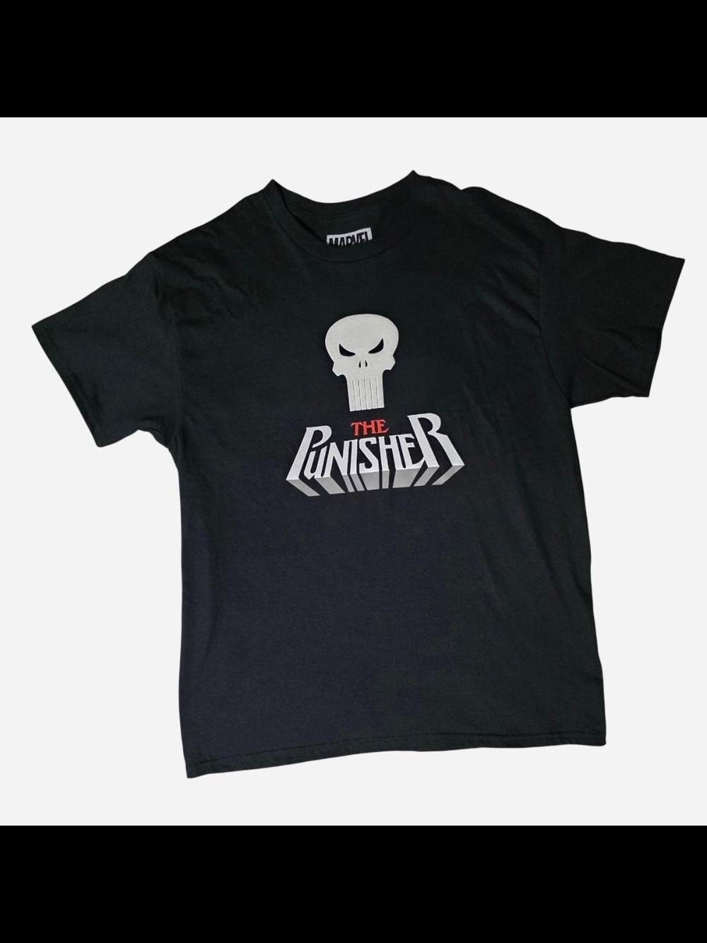 New The Punisher Marvel Black Cotton T-Shirt With White Skull Graphic Size L NWO